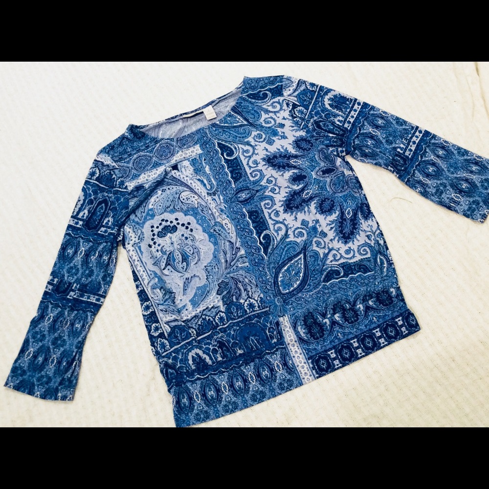 Chico's Blue & White Floral Blouse Sz 1 M 8